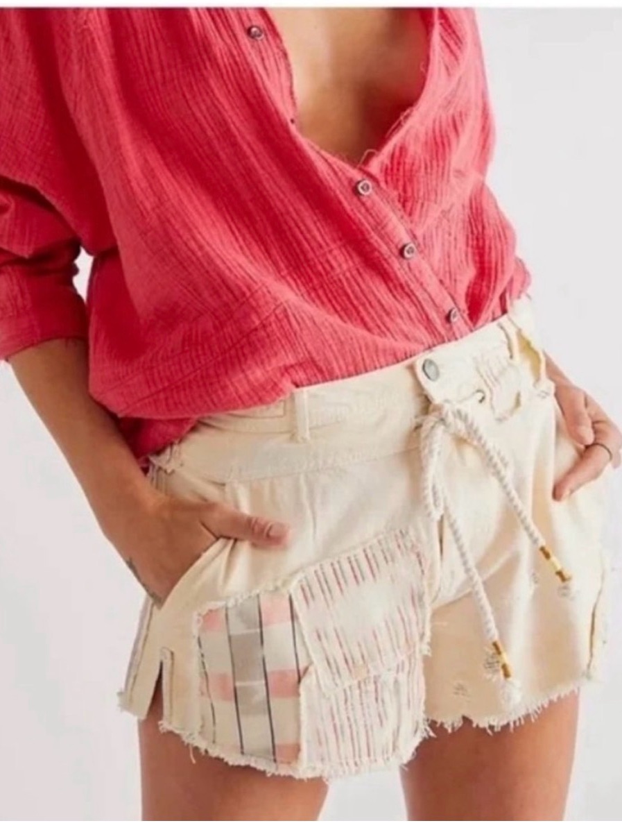 Free People Patchwork Distressed Drawstring Shorts Nwot Size Medium